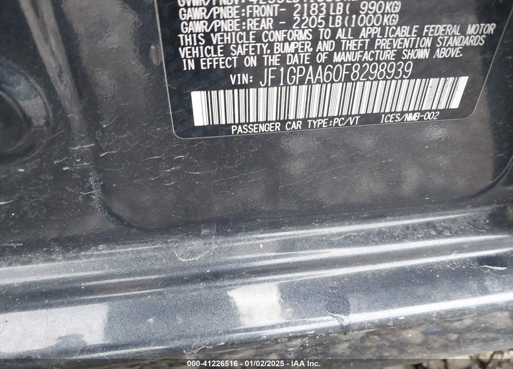2015 SUBARU IMPREZA VIN: JF1GPAA60F8298939