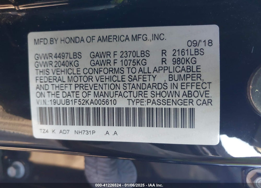 2019 ACURA TLX TECH PKG VIN: 19UUB1F52KA005610