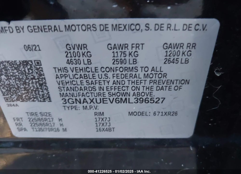 2021 CHEVROLET EQUINOX AWD LT VIN: 3GNAXUEV6ML396527