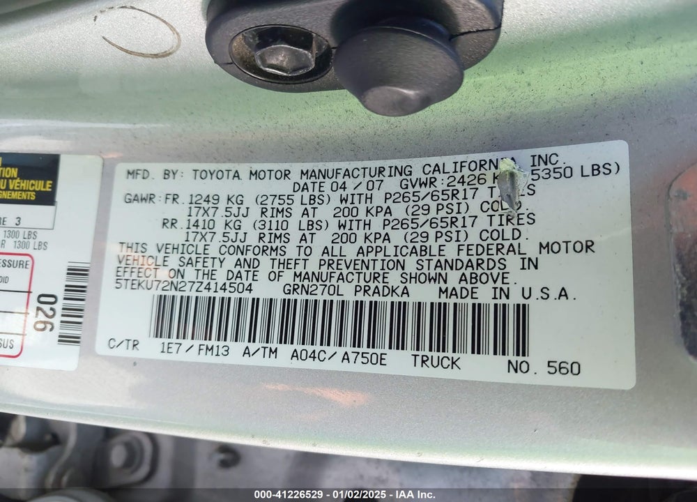 2007 TOYOTA TACOMA DBL CAB PRERUNNER LNG BED VIN: 5TEKU72N27Z414504