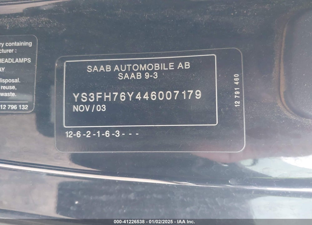 2004 SAAB 9-3 AERO VIN: YS3FH76Y446007179