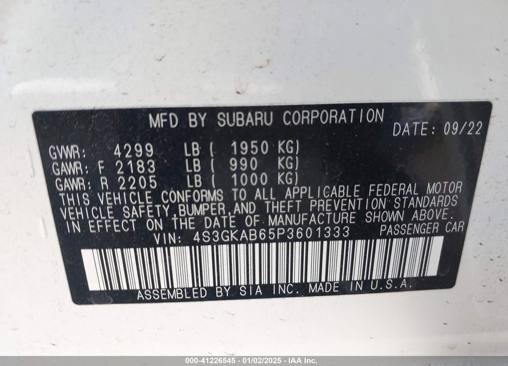 2023 SUBARU IMPREZA BASE VIN: 4S3GKAB65P3601333