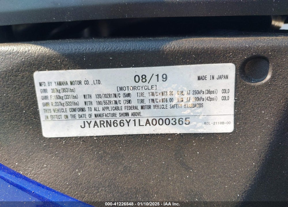 2020 YAMAHA YZFR1 VIN: JYARN66Y1LA000365