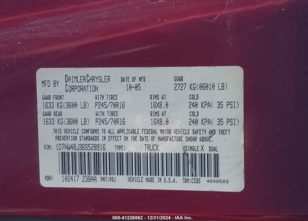 2006 DODGE DAKOTA SLT VIN: 1D7HW48J36S528916