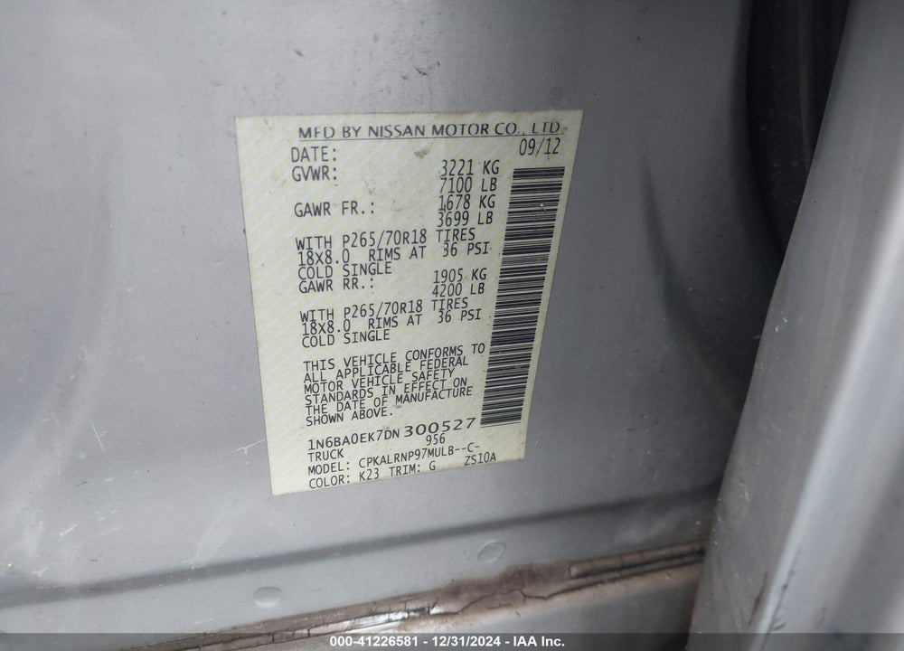 2013 NISSAN TITAN S VIN: 1N6BA0EK7DN300527