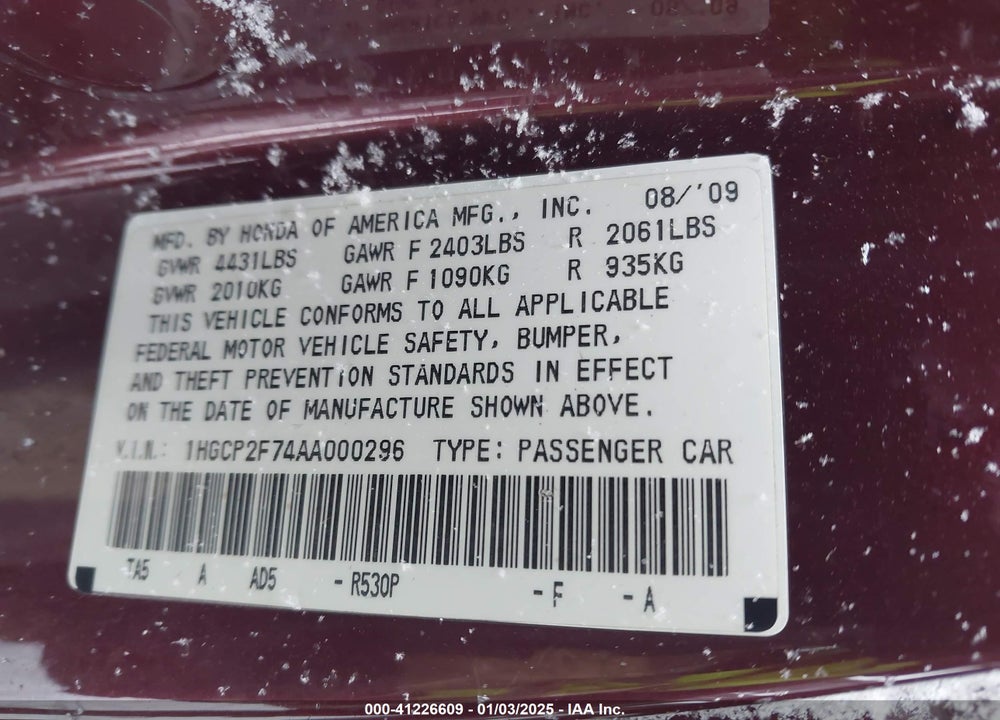 2010 HONDA ACCORD VIN: 1HGCP2F74AA000296