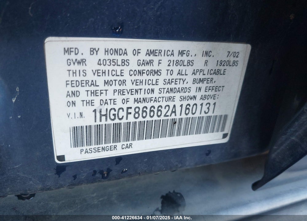 2002 HONDA ACCORD 2.3 VP VIN: 1HGCF86662A160131