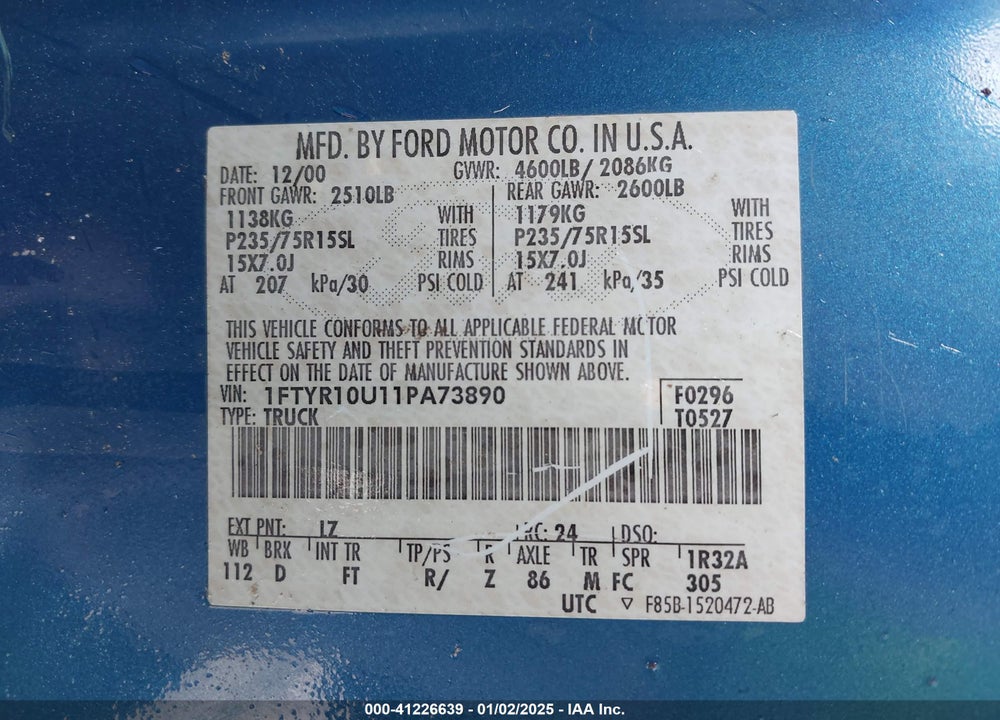 2001 FORD RANGER EDGE/XL/XLT VIN: 1FTYR10U11PA73890