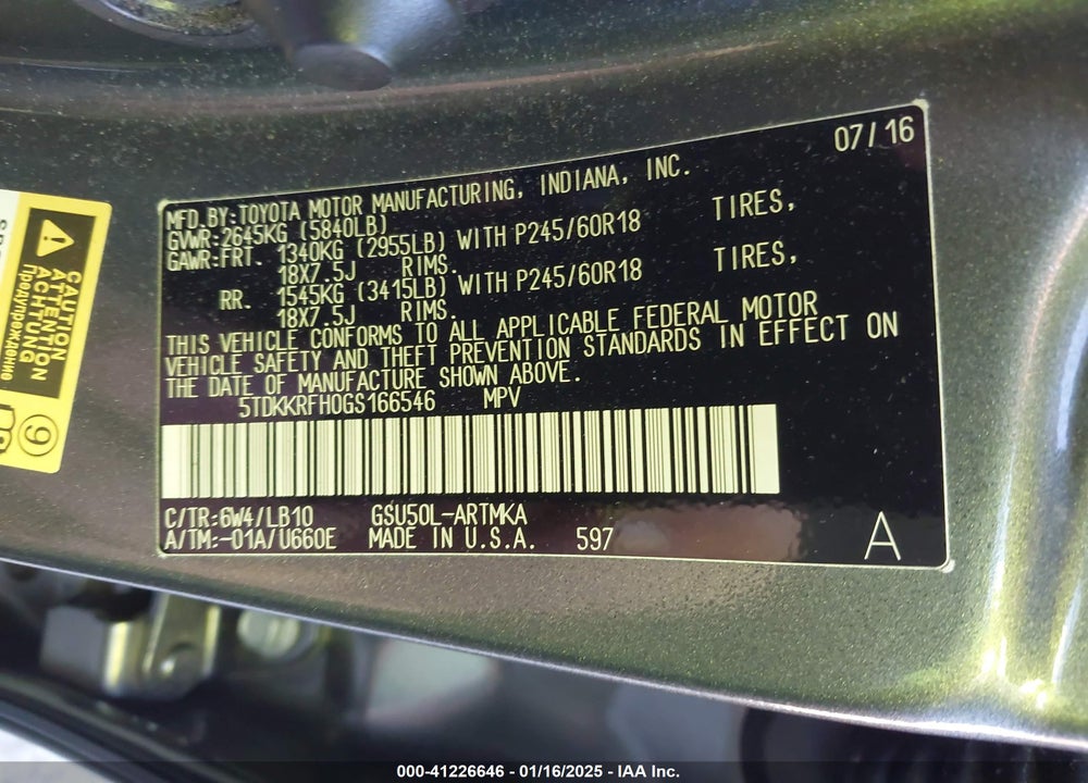 2016 TOYOTA HIGHLANDER XLE V6 VIN: 5TDKKRFH0GS166546