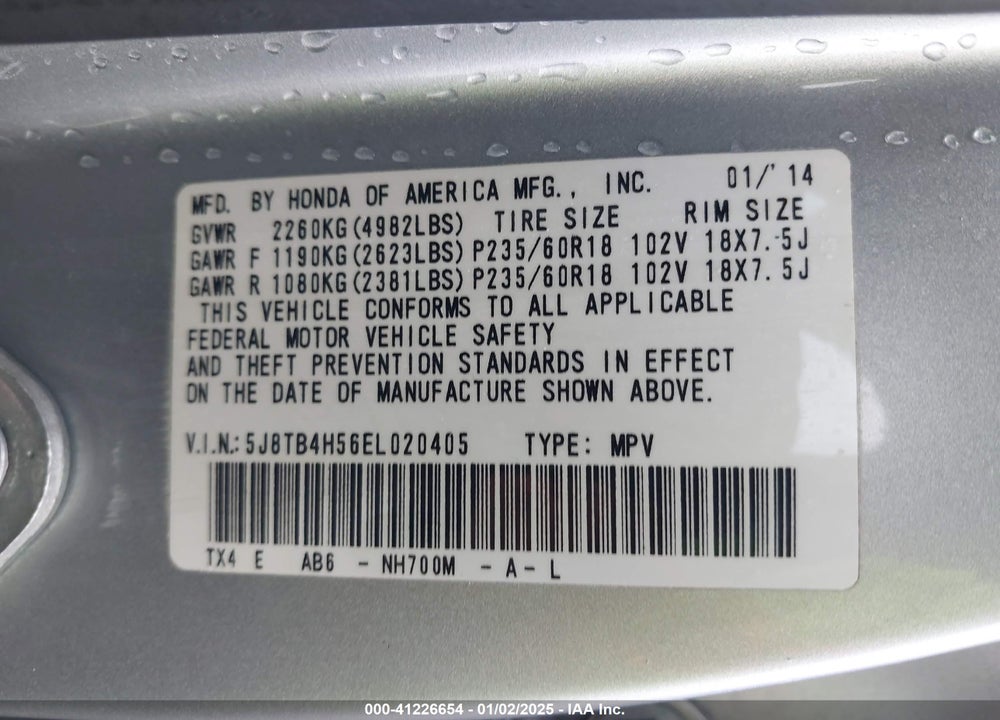 2014 ACURA RDX VIN: 5J8TB4H56EL020405