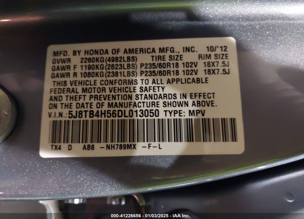 2013 ACURA RDX VIN: 5J8TB4H56DL013050