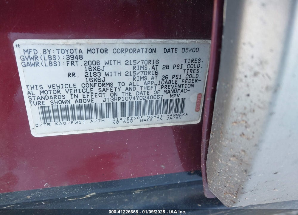 2000 TOYOTA RAV4 VIN: JT3HP10V4Y0240667