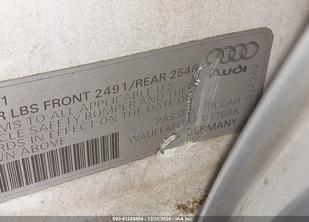 2012 AUDI A4 VIN: WAUFFAFL6CN017048