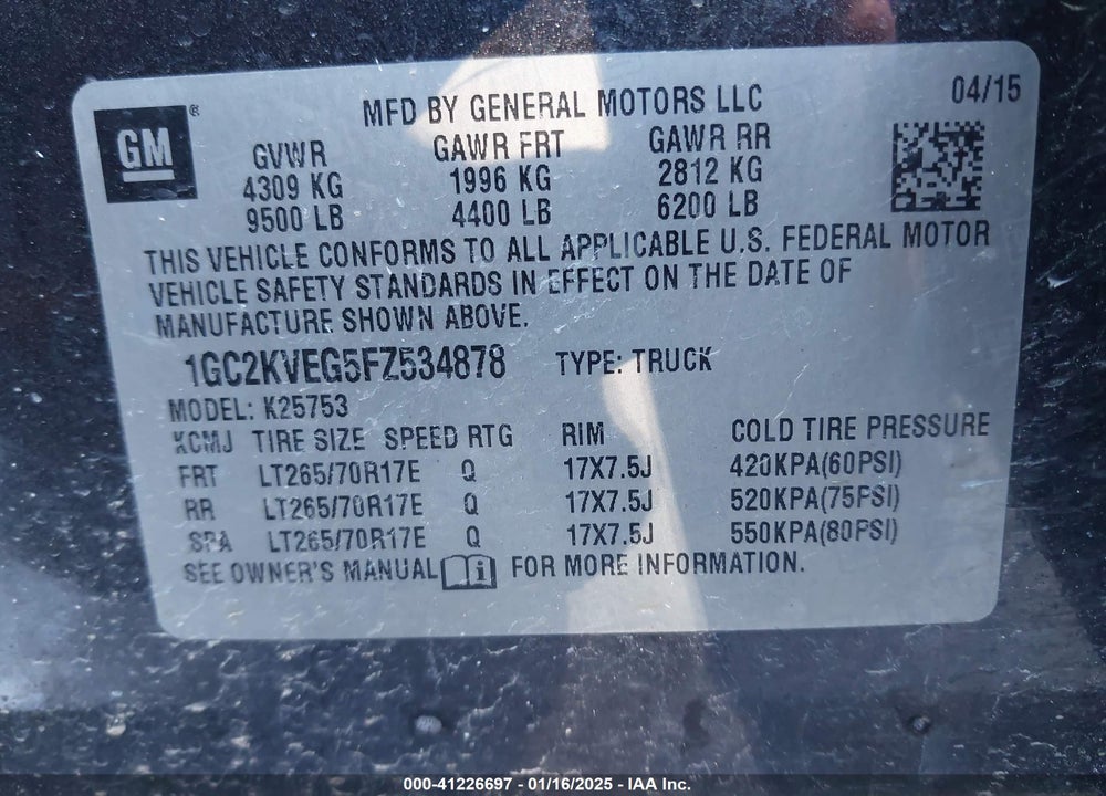 2015 CHEVROLET SILVERADO 2500HD VIN: 1GC2KVEG5FZ534878