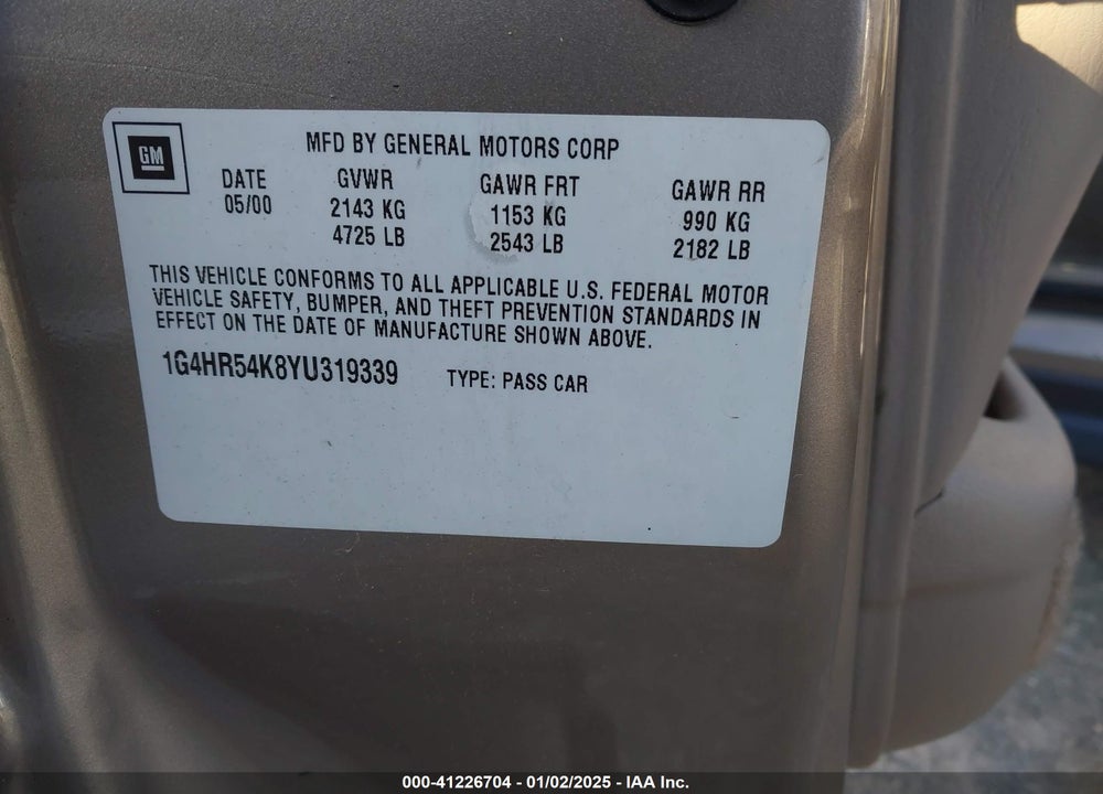 2000 BUICK LESABRE LIMITED VIN: 1G4HR54K8YU319339