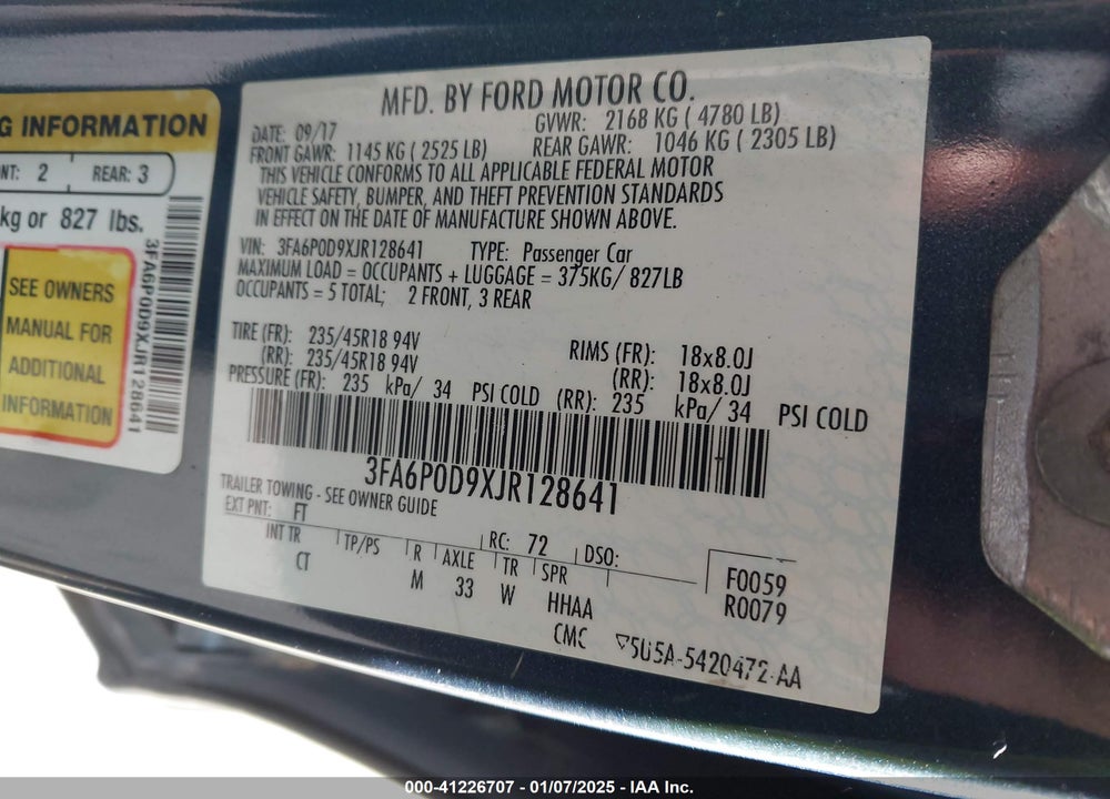 2018 FORD FUSION VIN: 3FA6P0D9XJR128641