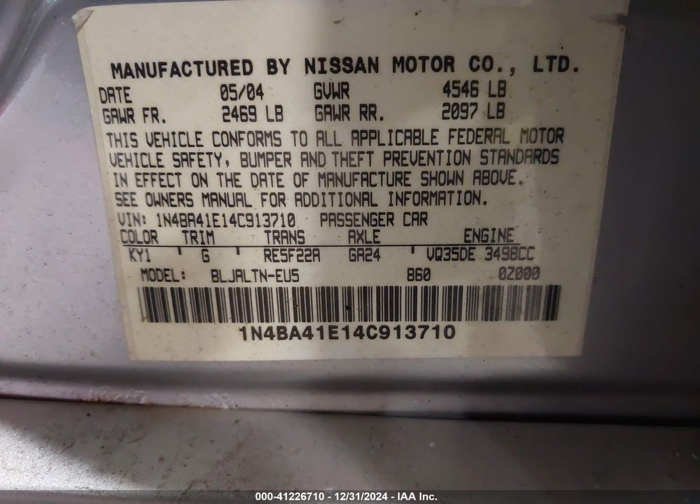 2004 NISSAN MAXIMA 3.5 SE VIN: 1N4BA41E14C913710