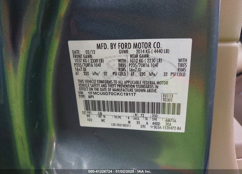 2012 FORD ESCAPE XLT VIN: 1FMCU0D70CKC19117