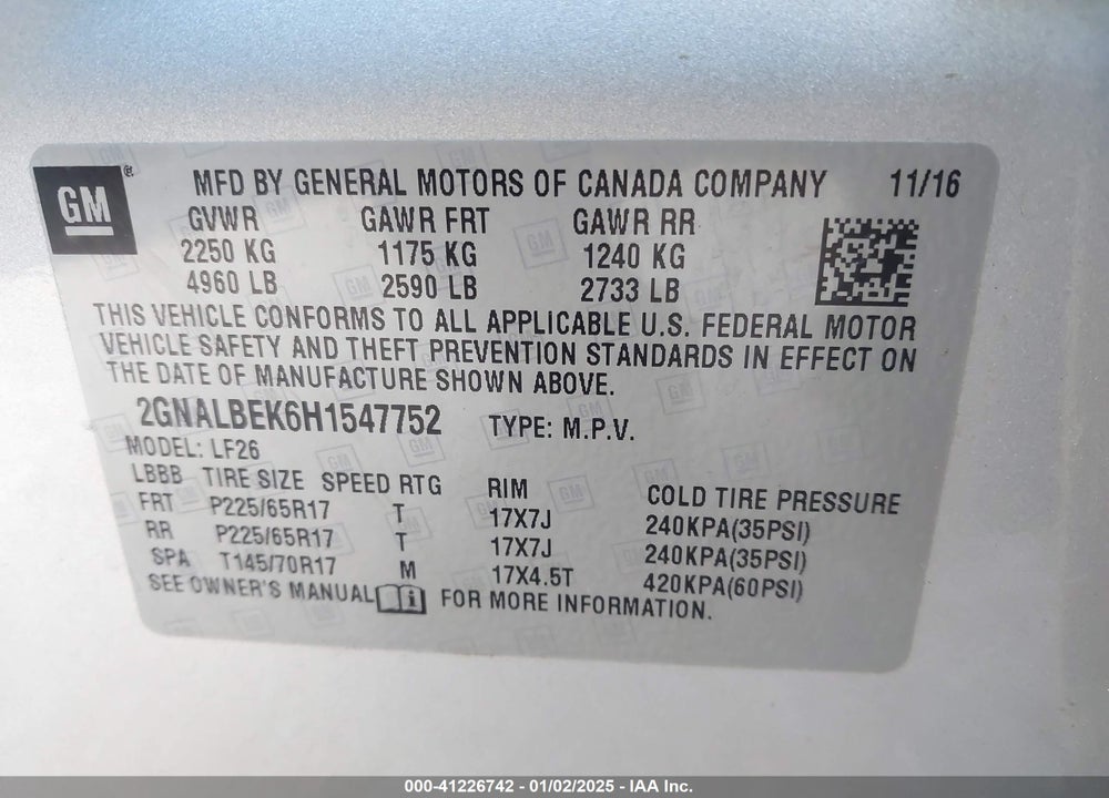 2017 CHEVROLET EQUINOX LS VIN: 2GNALBEK6H1547752