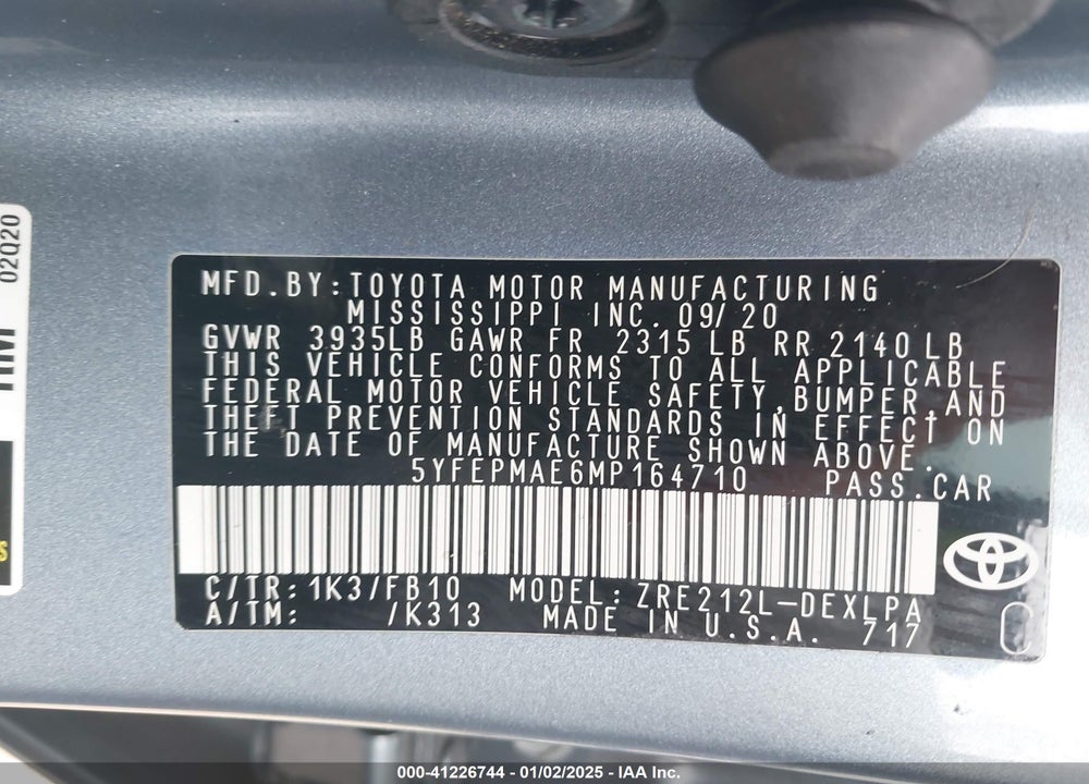 2021 TOYOTA COROLLA VIN: 5YFEPMAE6MP164710
