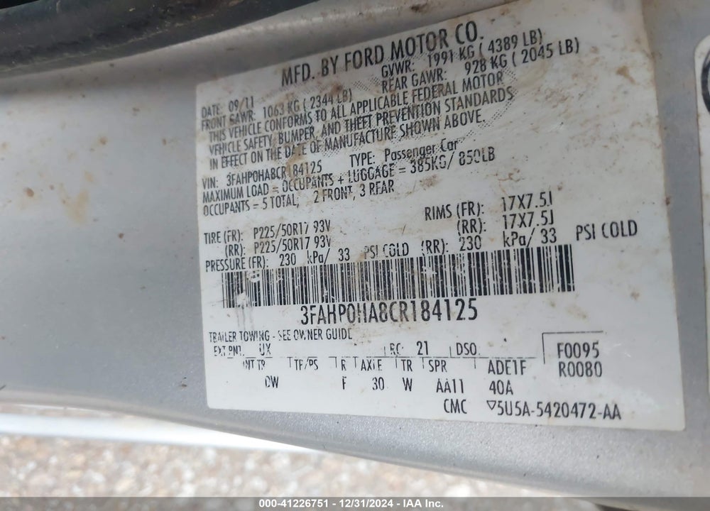 2012 FORD FUSION SE VIN: 3FAHP0HA8CR184125