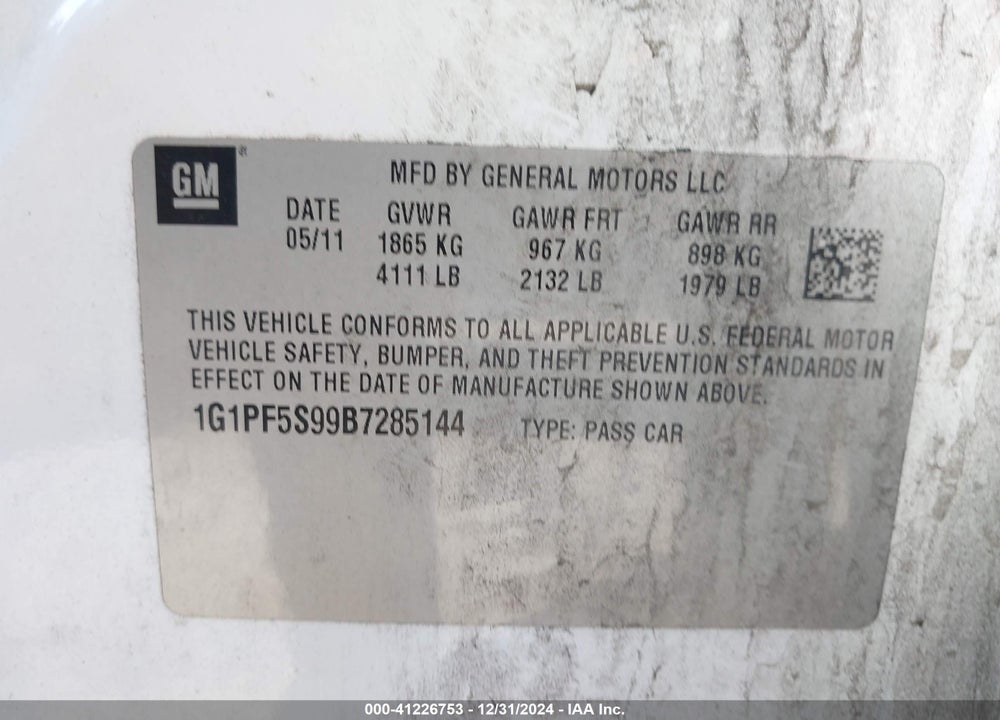 2011 CHEVROLET CRUZE 1LT VIN: 1G1PF5S99B7285144