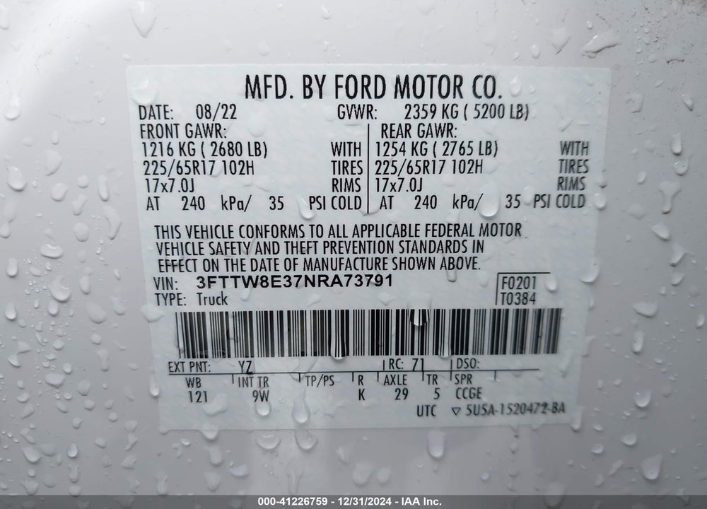 2022 FORD MAVERICK XL VIN: 3FTTW8E37NRA73791