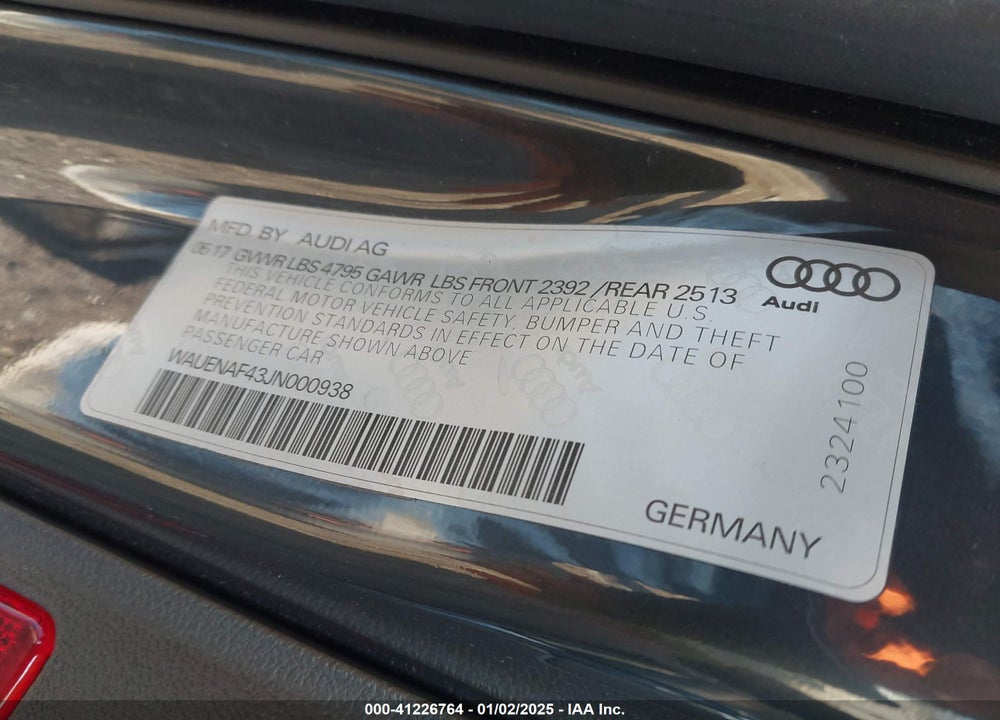 2018 AUDI A4 2.0T TECH PREMIUM VIN: WAUENAF43JN000938