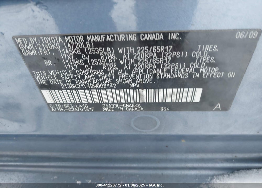 2009 TOYOTA RAV4 LIMITED VIN: 2T3BK31V49W008142