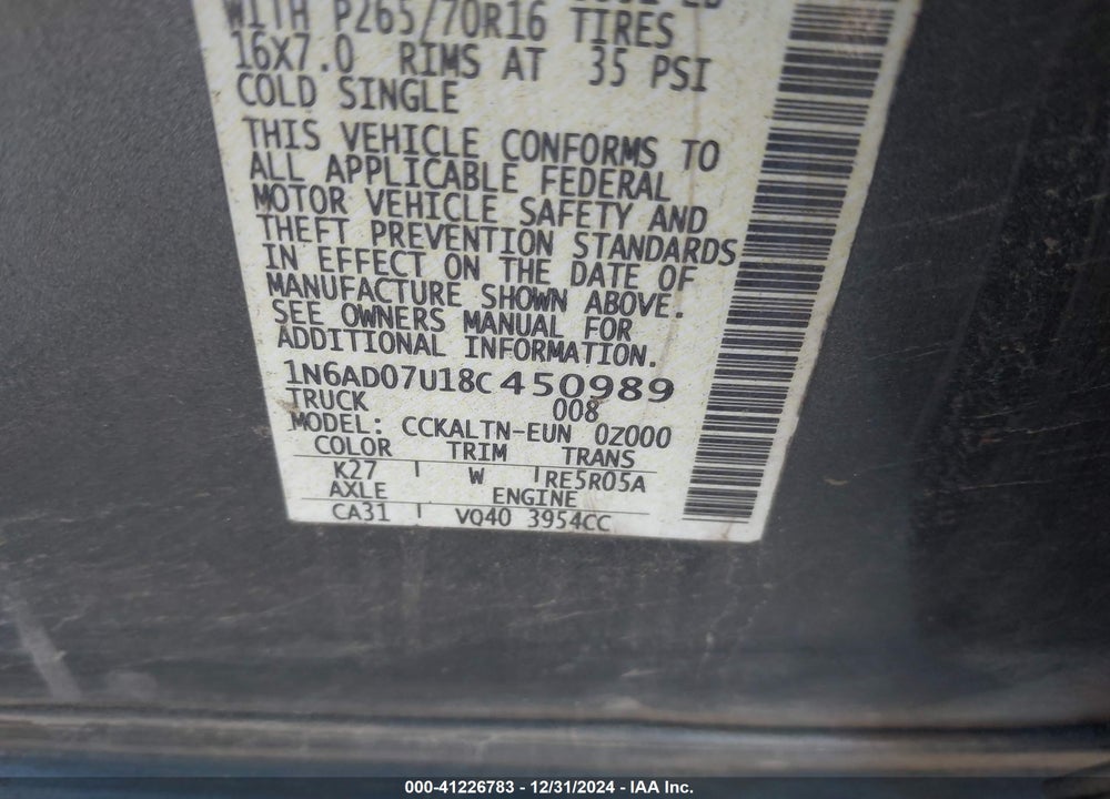 2008 NISSAN FRONTIER VIN: 1N6AD07U18C450989