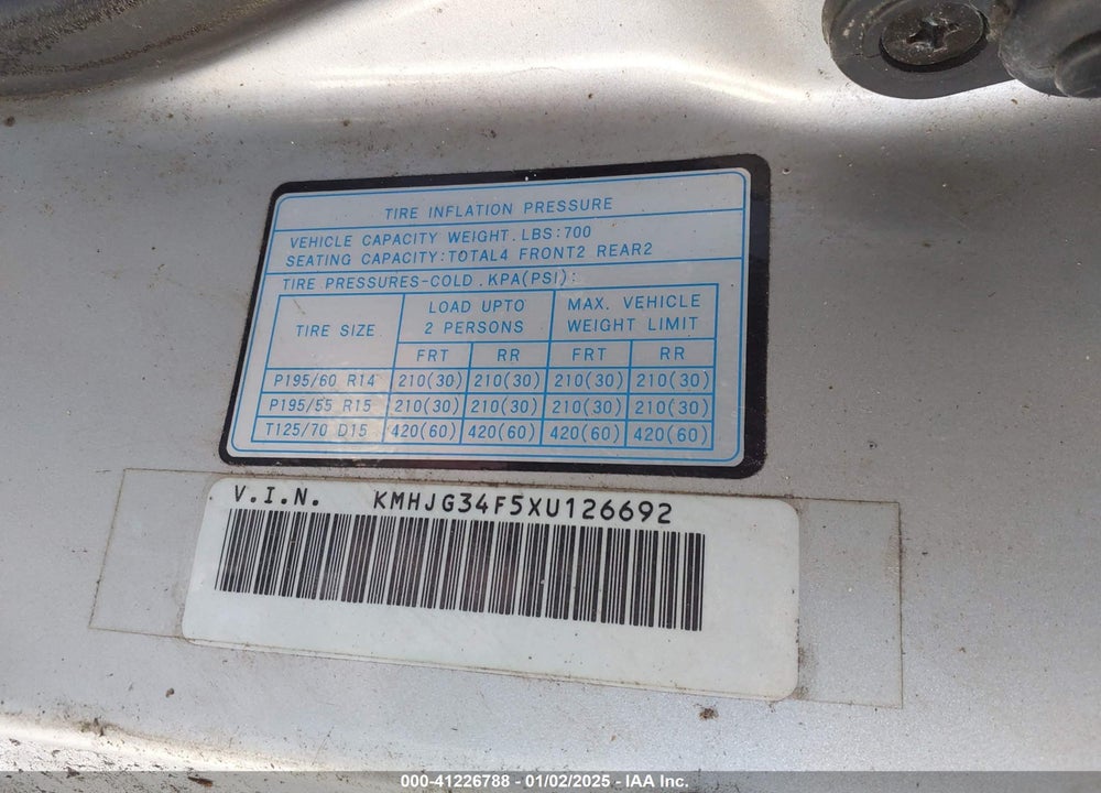 1999 HYUNDAI TIBURON FX VIN: KMHJG34F5XU126692