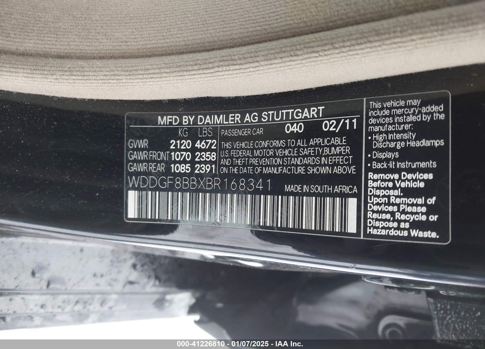 2011 MERCEDES-BENZ C VIN: WDDGF8BBXBR168341