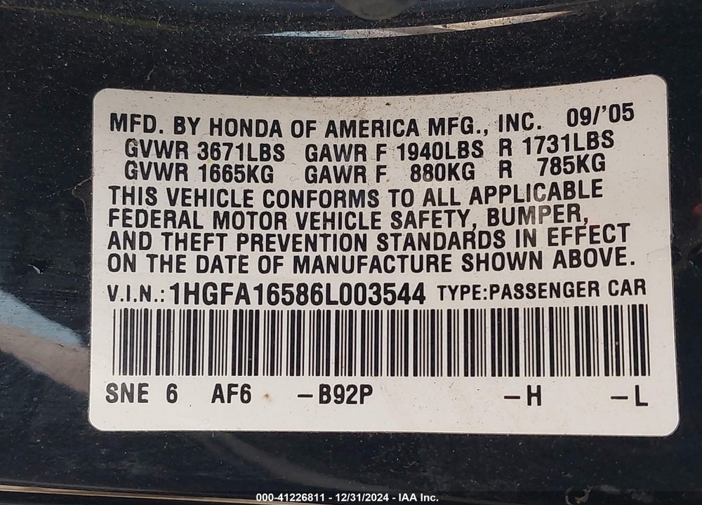 2006 HONDA CIVIC VIN: 1HGFA16586L003544