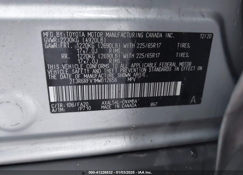 2021 TOYOTA RAV4 HYBRID XLE VIN: 2T3R6RFV1MW012656