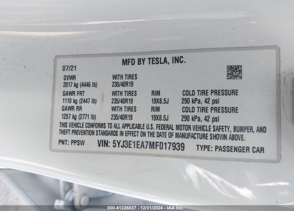2021 TESLA MODEL 3 STANDARD RANGE PLUS REAR-WHEEL DRIVE VIN: 5YJ3E1EA7MF017939