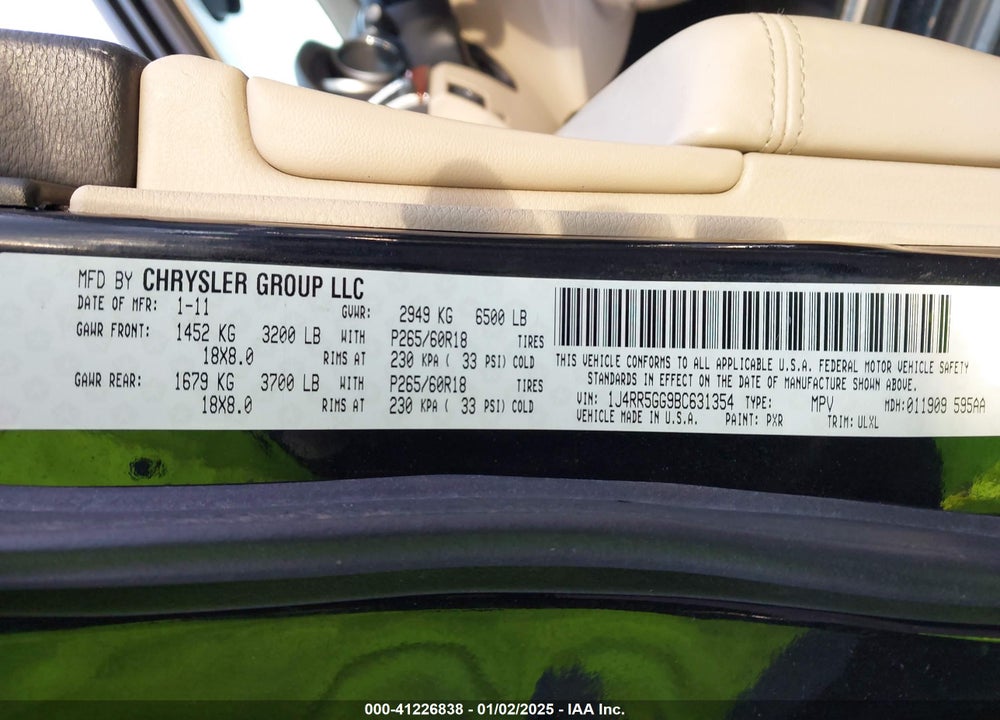 2011 JEEP GRAND CHEROKEE LIMITED VIN: 1J4RR5GG9BC631354