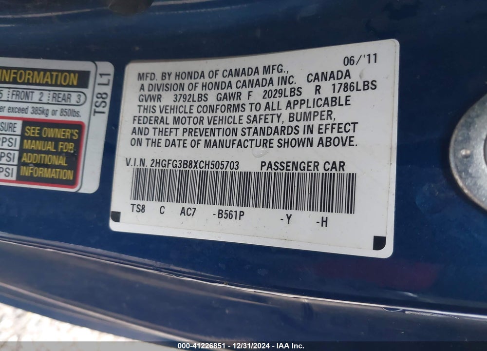 2012 HONDA CIVIC CPE VIN: 2HGFG3B8XCH505703