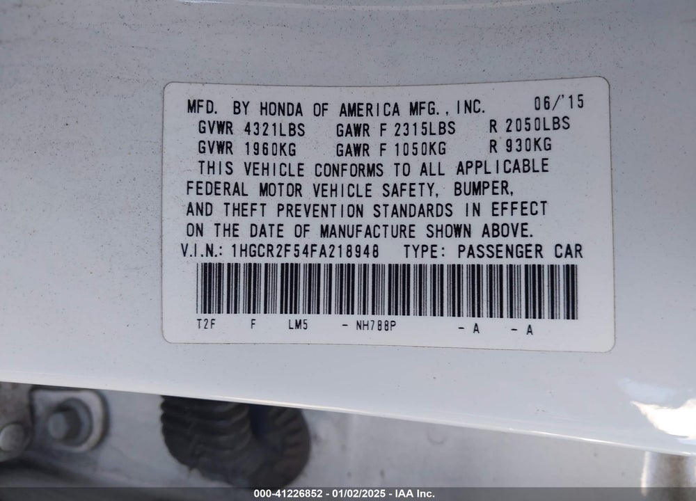 2015 HONDA ACCORD SPORT VIN: 1HGCR2F54FA218948