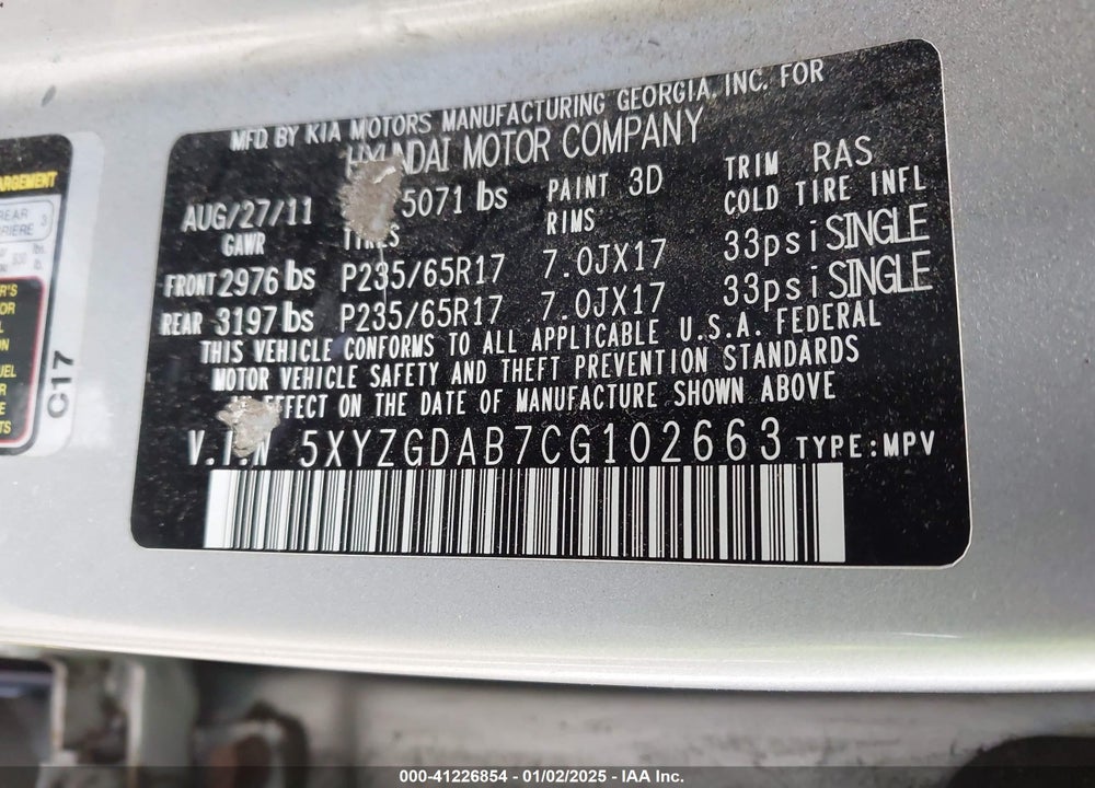 2012 HYUNDAI SANTA FE GLS VIN: 5XYZGDAB7CG102663