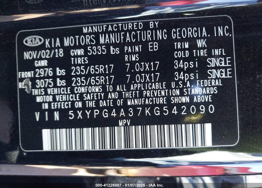 2019 KIA SORENTO 2.4L LX VIN: 5XYPG4A37KG542090