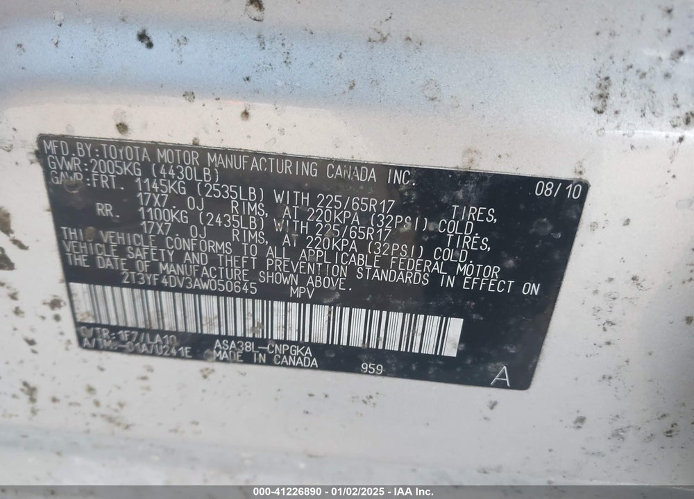 2010 TOYOTA RAV4 LIMITED VIN: 2T3YF4DV3AW050645