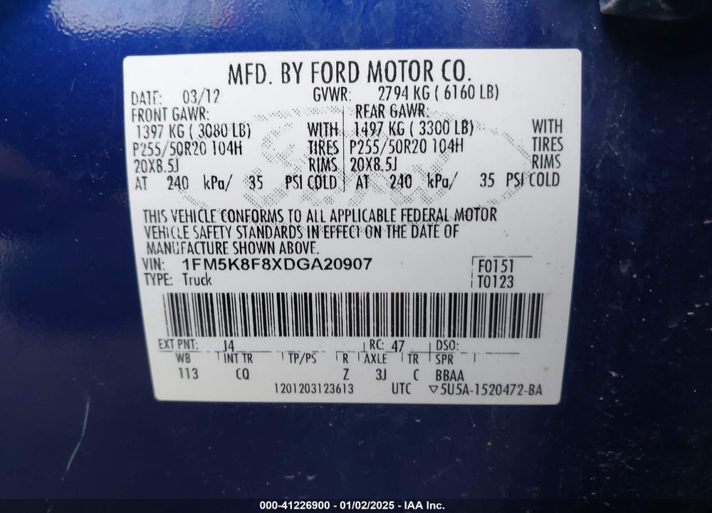 2013 FORD EXPLORER LIMITED VIN: 1FM5K8F8XDGA20907