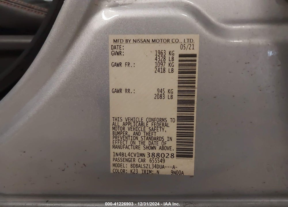 2021 NISSAN ALTIMA SR FWD VIN: 1N4BL4CV1MN388028