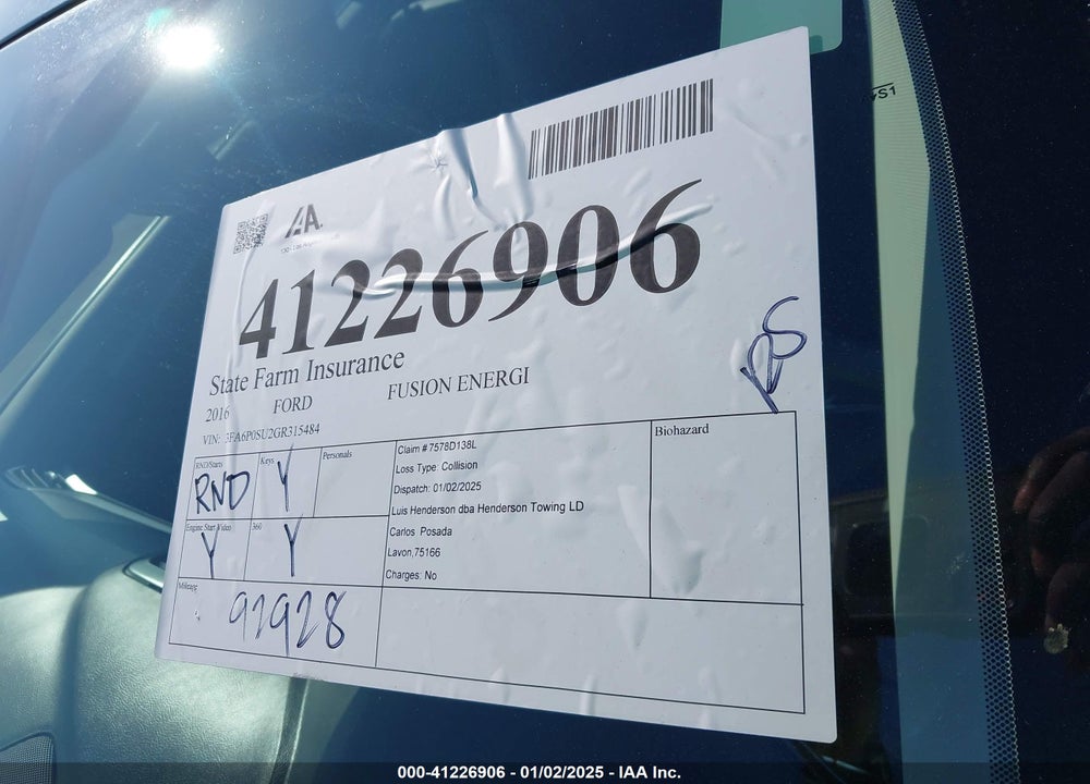 2016 FORD FUSION ENERGI TITANIUM VIN: 3FA6P0SU2GR315484