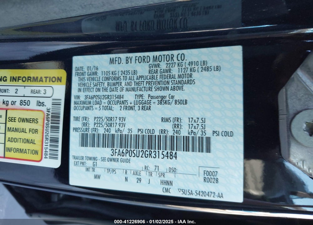 2016 FORD FUSION ENERGI TITANIUM VIN: 3FA6P0SU2GR315484