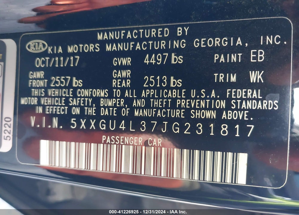 2018 KIA OPTIMA EX VIN: 5XXGU4L37JG231817