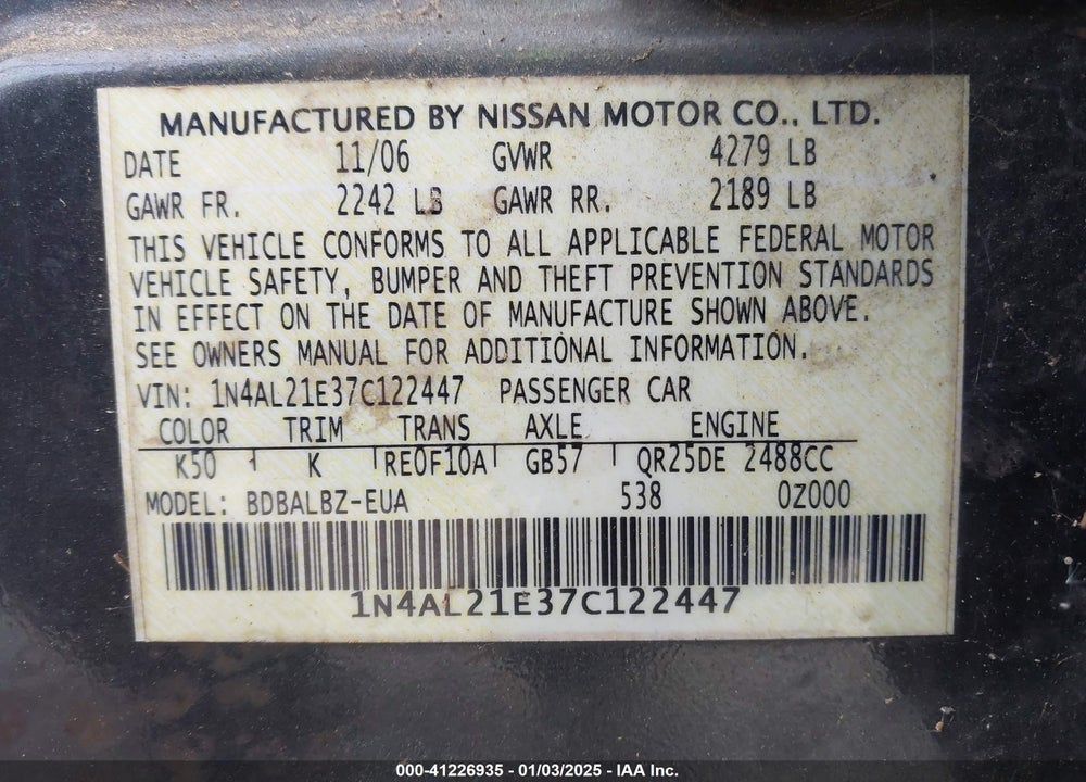 2007 NISSAN ALTIMA 2.5 S VIN: 1N4AL21E37C122447