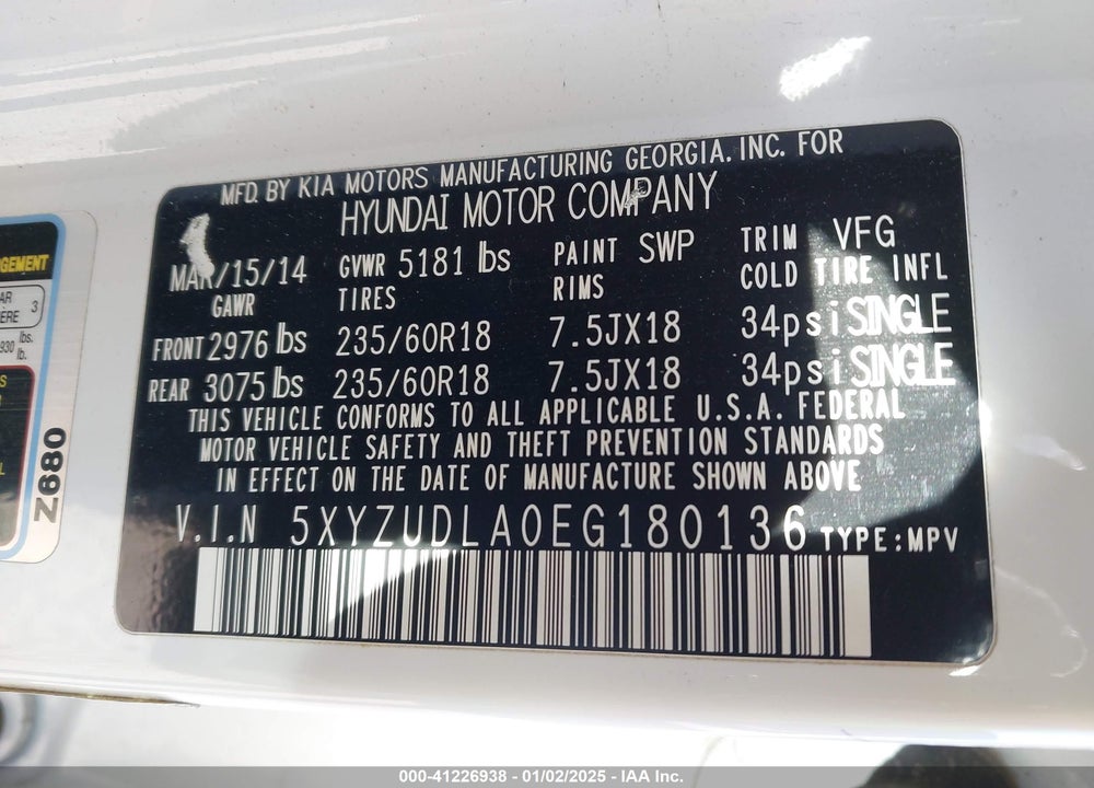 2014 HYUNDAI SANTA FE SPORT 2.0L TURBO VIN: 5XYZUDLA0EG180136