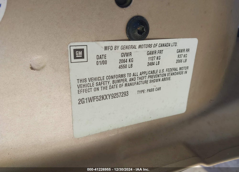 2000 CHEVROLET IMPALA VIN: 2G1WF52KXY9257293