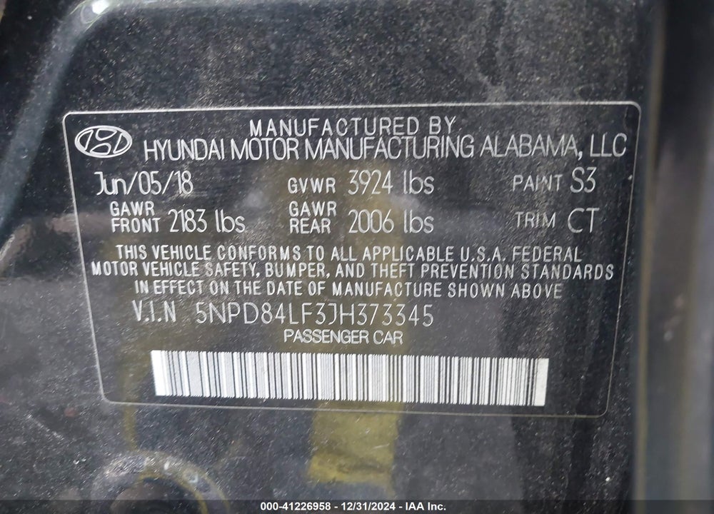 2018 HYUNDAI ELANTRA SEL VIN: 5NPD84LF3JH373345